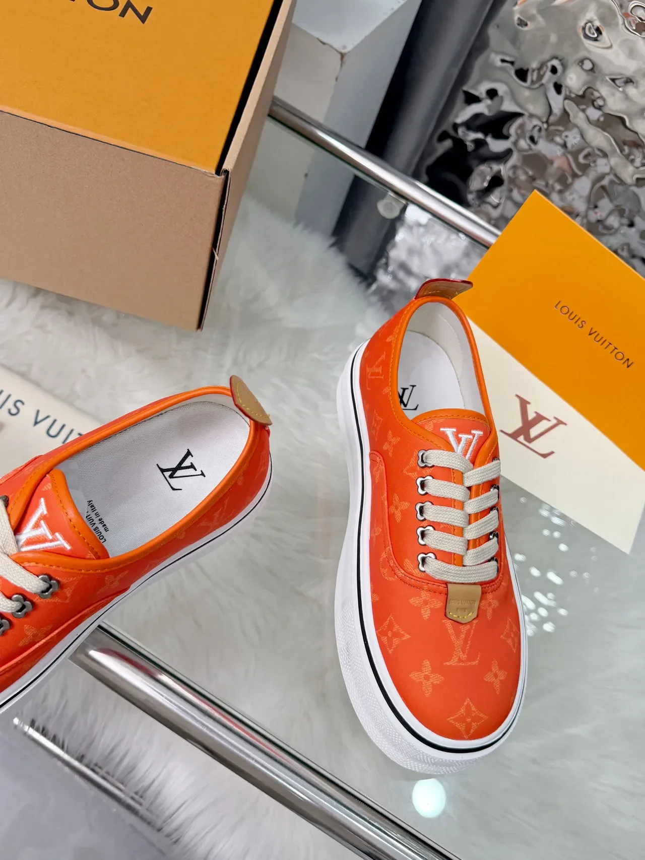 Louis Vuitton Orange White Monogram Canvas Platform Sole Lifestyle Sneakers 3
