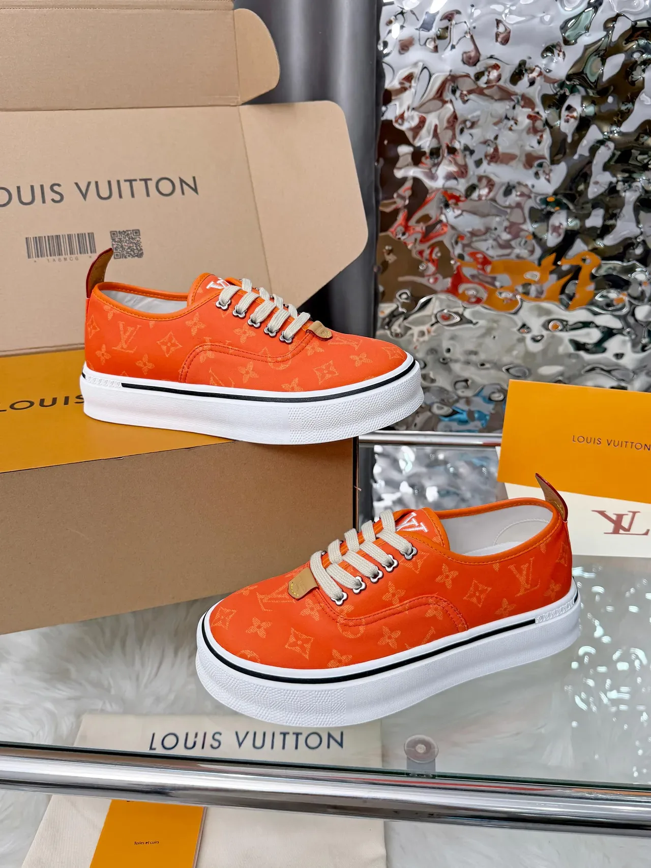 Louis Vuitton Orange White Monogram Canvas Platform Sole Lifestyle Sneakers 4