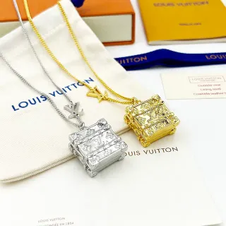 Louis Vuitton Petite Malle Silver Gold Trunk-Shaped Pendant Monogram-Engraved Necklace