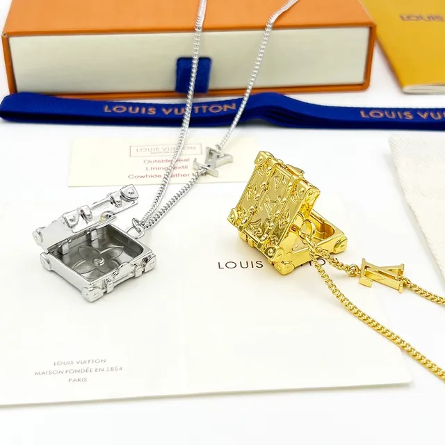 Louis Vuitton Petite Malle Silver Gold Trunk-Shaped Pendant Monogram-Engraved Necklace 3