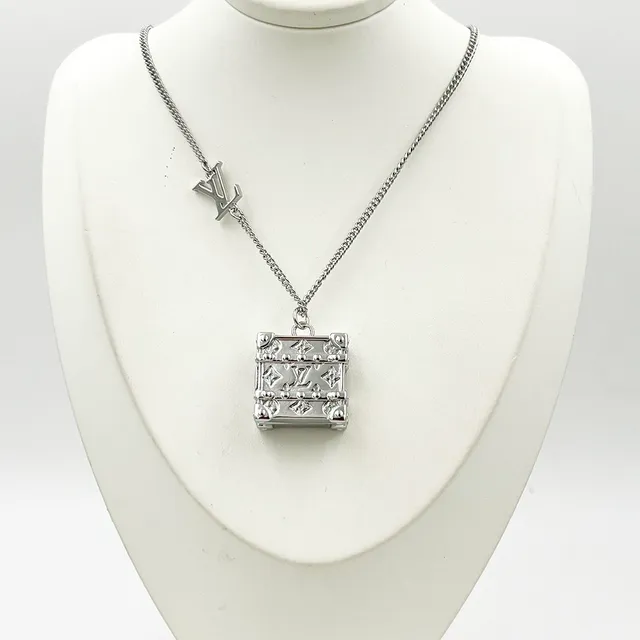 Louis Vuitton Petite Malle Silver Gold Trunk-Shaped Pendant Monogram-Engraved Necklace 4