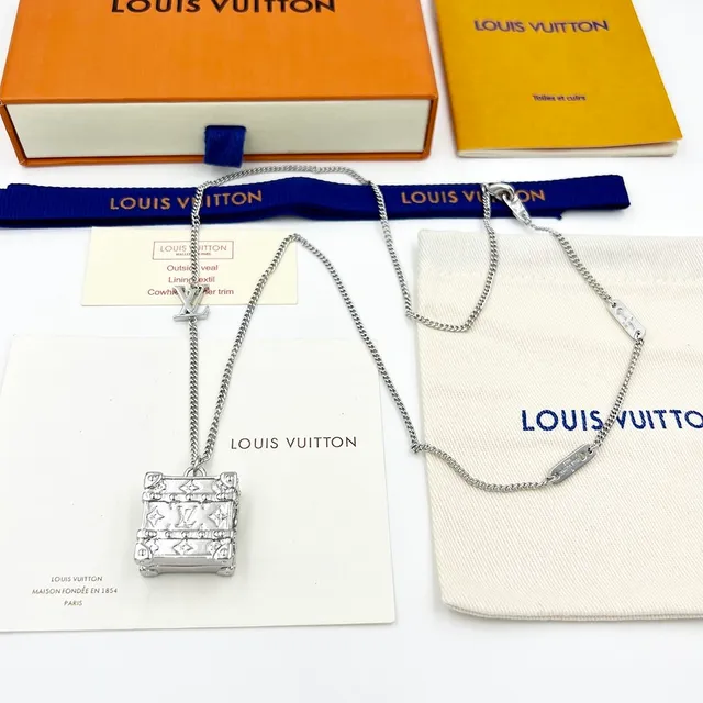 Louis Vuitton Petite Malle Silver Gold Trunk-Shaped Pendant Monogram-Engraved Necklace 6