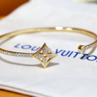Louis Vuitton Quatrefoil Pavé Diamond Gold Tone Open Bangle Bracelet