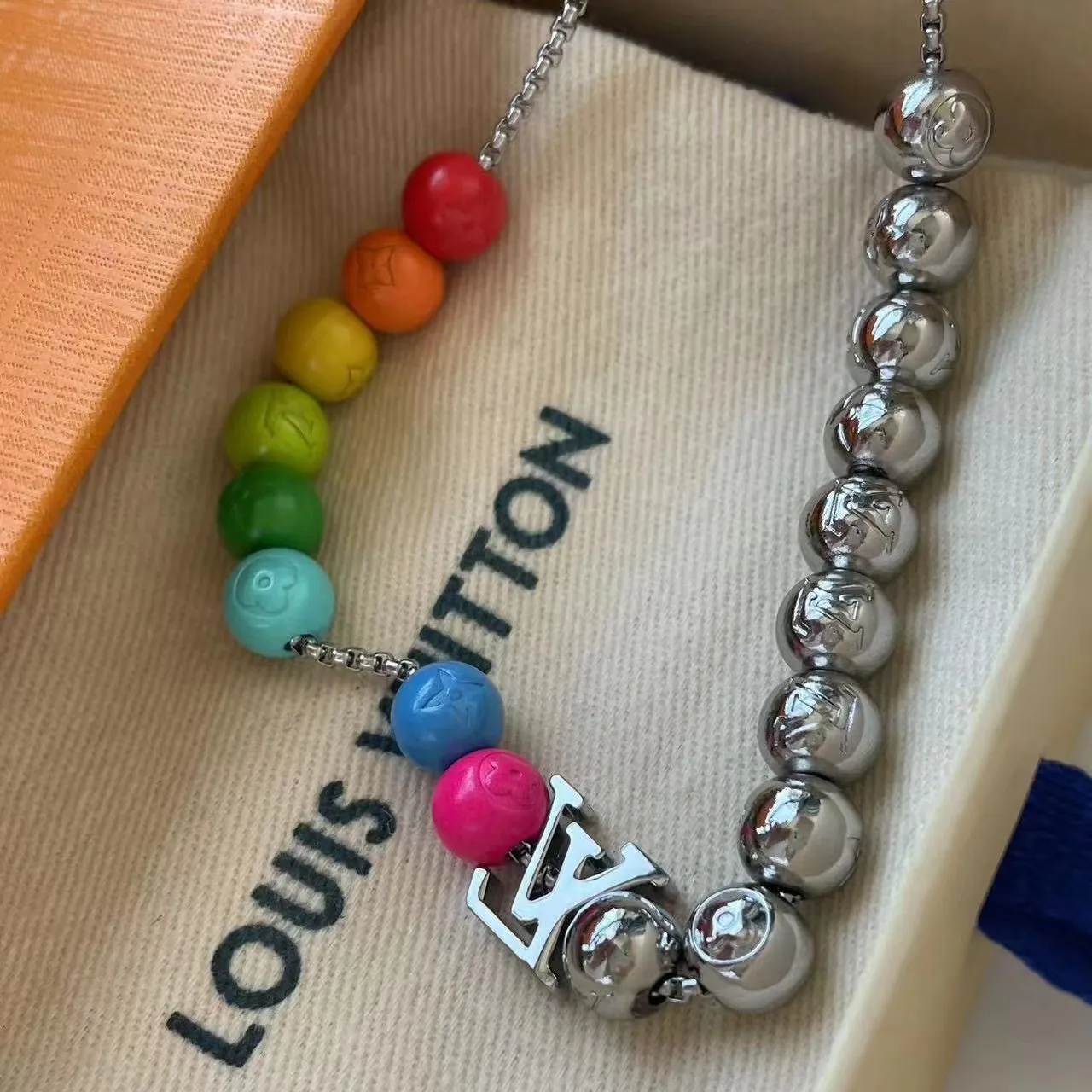 Louis Vuitton Rainbow Beads Multicolor Silver Beaded Enamel Bracelet 4