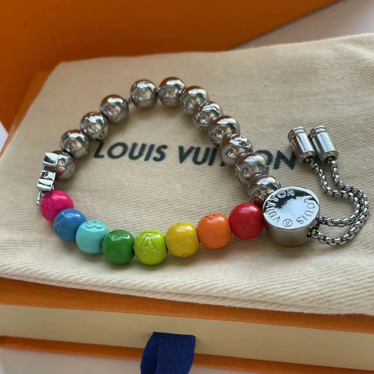 Louis Vuitton Rainbow Beads Multicolor Silver Beaded Enamel Bracelet 5