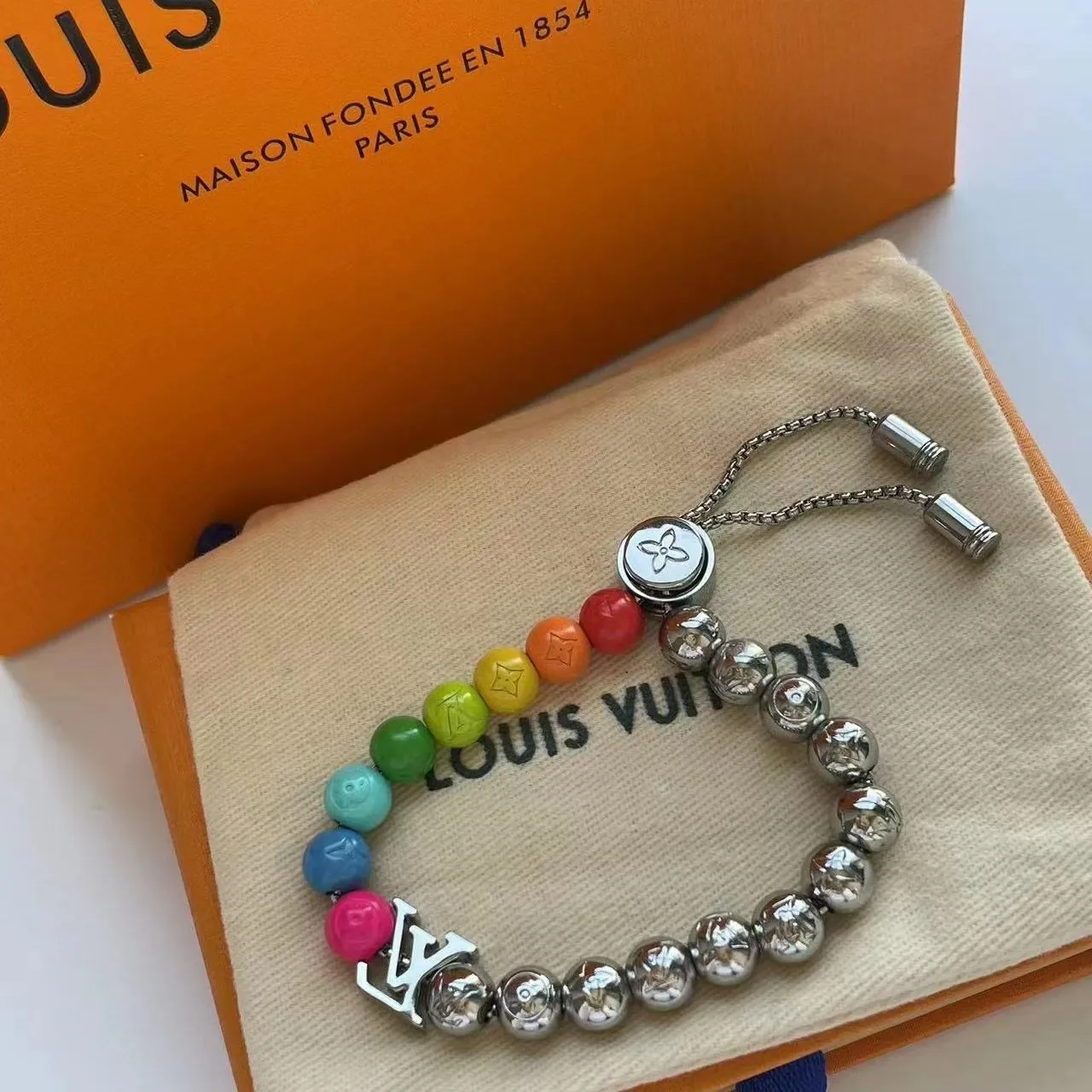 Louis Vuitton Rainbow Beads Multicolor Silver Beaded Enamel Bracelet 6