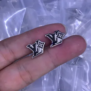 Louis Vuitton Silver Black Enamel Monogram Metal Earrings