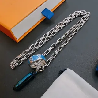 Louis Vuitton Silver Blue Monogram-Link Chain Enamel Ring Pendant Necklace