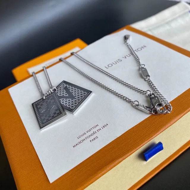 Louis Vuitton Silver Dual Dog-Tag Pendants Monogram-Engraved Necklace 4
