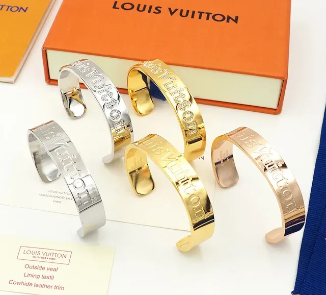 Louis Vuitton Silver Gold Engraved Logo Rigid Cuff Bracelet 3