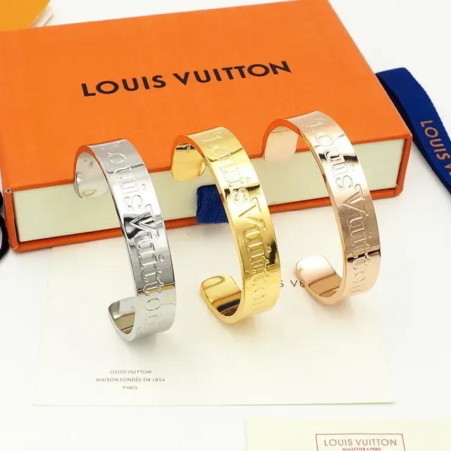 Louis Vuitton Silver Gold Engraved Logo Rigid Cuff Bracelet 4