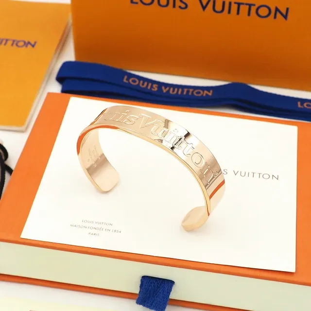Louis Vuitton Silver Gold Engraved Logo Rigid Cuff Bracelet 5