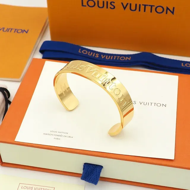 Louis Vuitton Silver Gold Engraved Logo Rigid Cuff Bracelet 6