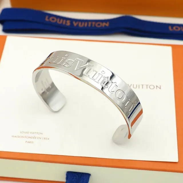 Louis Vuitton Silver Gold Engraved Logo Rigid Cuff Bracelet 7