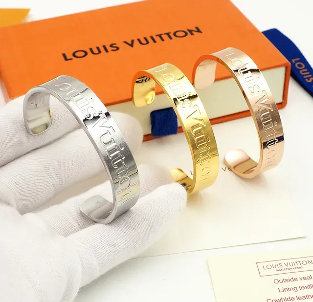 Louis Vuitton Silver Gold Engraved Logo Rigid Cuff Bracelet 8