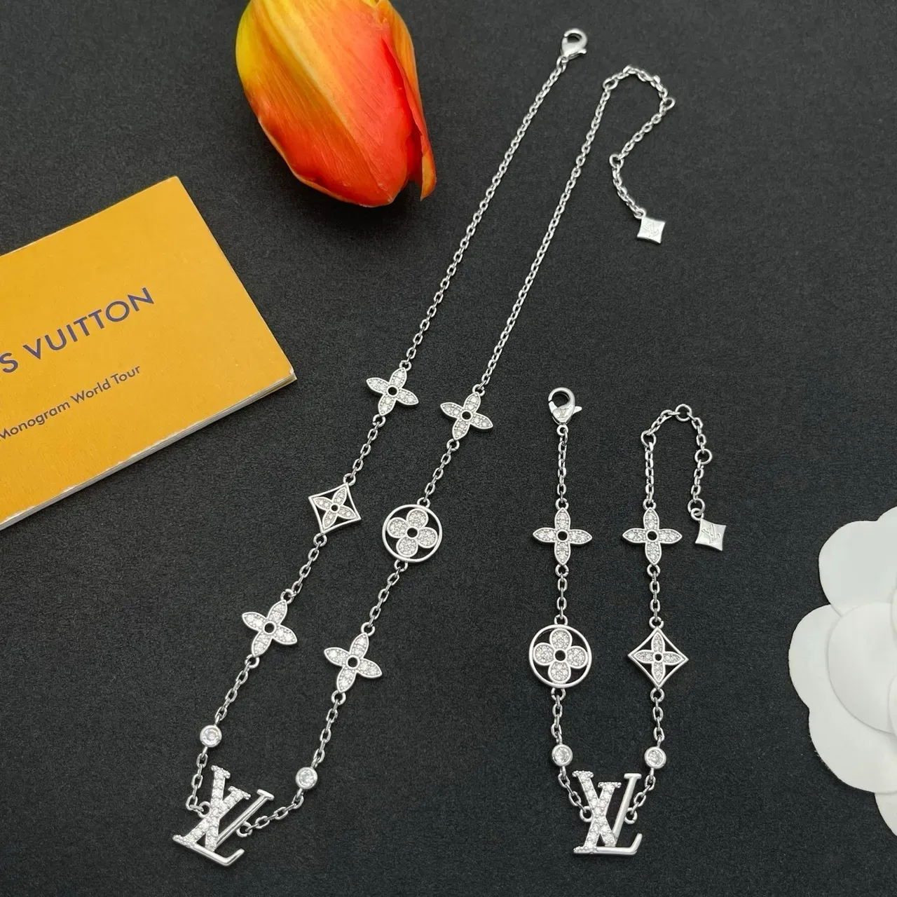 Louis Vuitton Silver Pavé-Set Monogram-Charm Bracelet 2