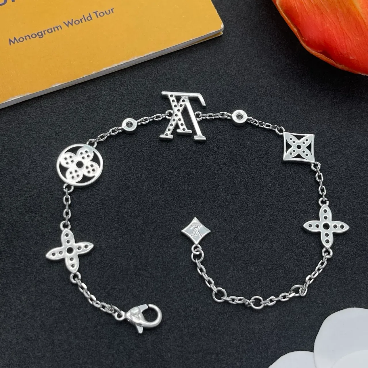 Louis Vuitton Silver Pavé-Set Monogram-Charm Bracelet 4