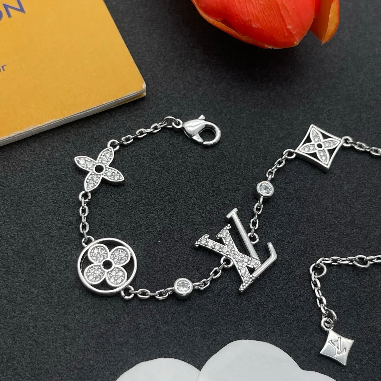 Louis Vuitton Silver Pavé-Set Monogram-Charm Bracelet 5