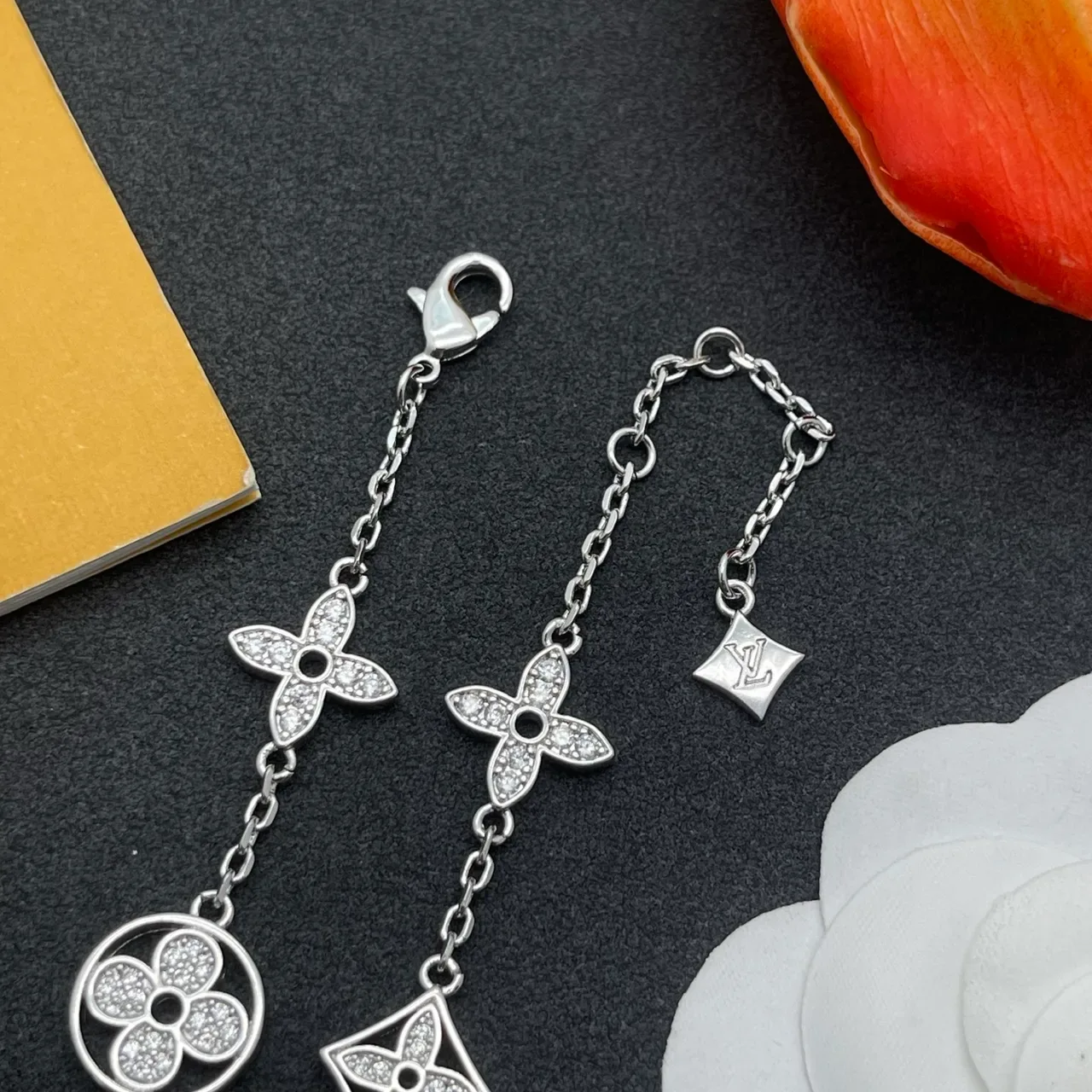 Louis Vuitton Silver Pavé-Set Monogram-Charm Bracelet 6