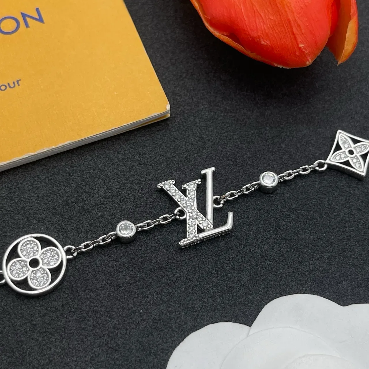 Louis Vuitton Silver Pavé-Set Monogram-Charm Bracelet 7