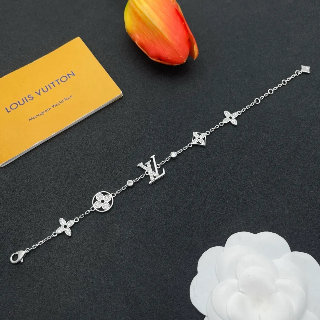 Louis Vuitton Silver Pavé-Set Monogram-Charm Bracelet 8