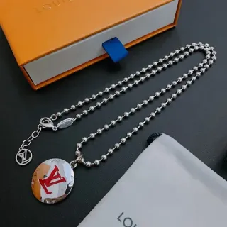 Louis Vuitton Silver Red Ball Chain Circular Disc Pendant Necklace