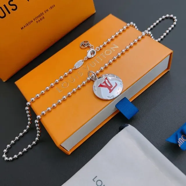 Louis Vuitton Silver Red Ball Chain Circular Disc Pendant Necklace 3
