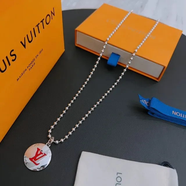 Louis Vuitton Silver Red Ball Chain Circular Disc Pendant Necklace 5