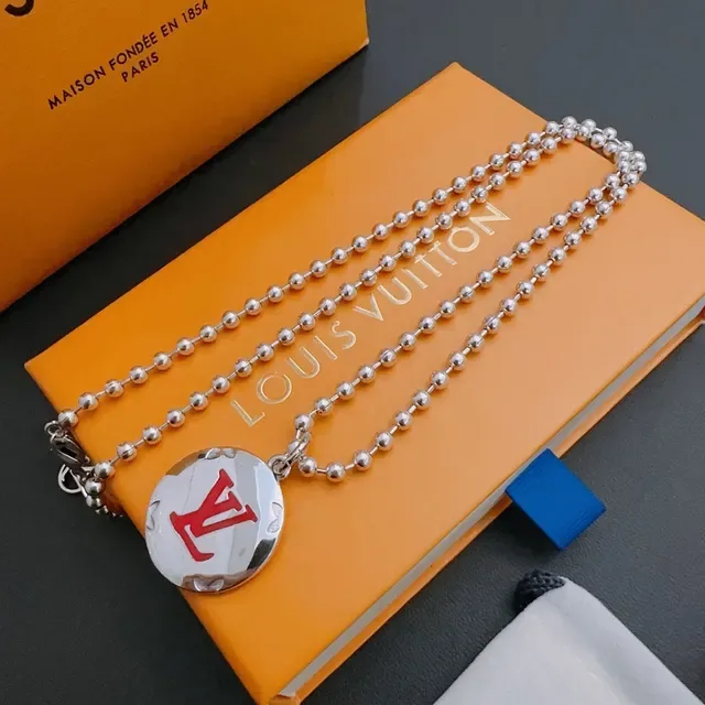 Louis Vuitton Silver Red Ball Chain Circular Disc Pendant Necklace 8