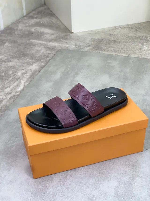 Louis Vuitton Slide Black Burgundy Monogram-Embossed Straps Dual-Strap Slippers 3
