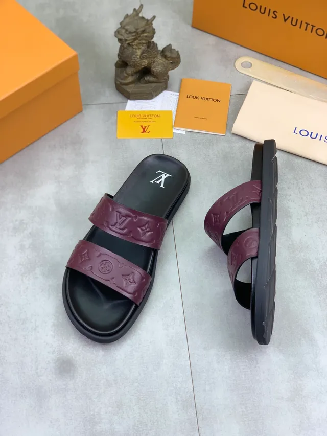 Louis Vuitton Slide Black Burgundy Monogram-Embossed Straps Dual-Strap Slippers 4