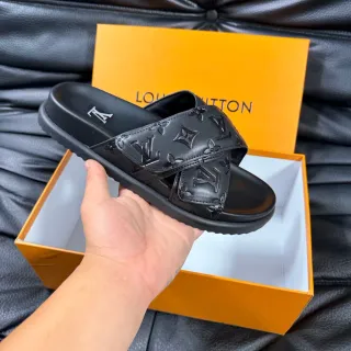 Louis Vuitton Slide Sandalias negras con monograma embossed correa doble cruzada