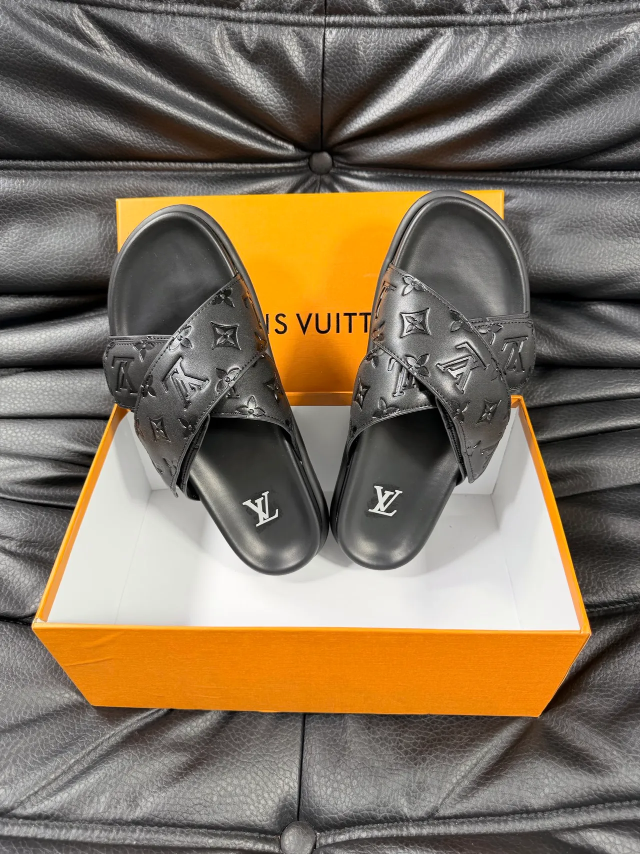 Louis Vuitton Slide Black Embossed Monogram Double-Strap Crossover Slippers 3