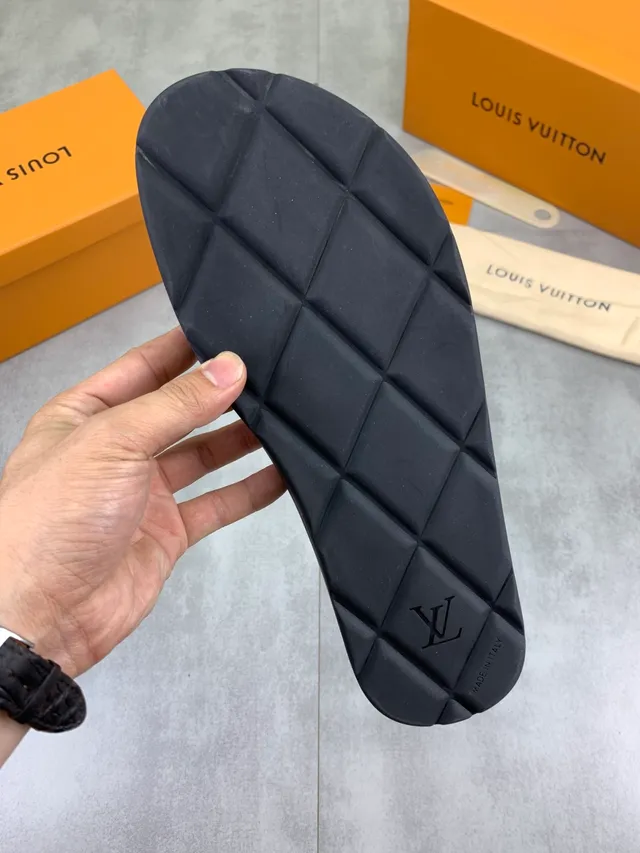 Louis Vuitton Slide Black Glossy Perforated Strap Slippers 2
