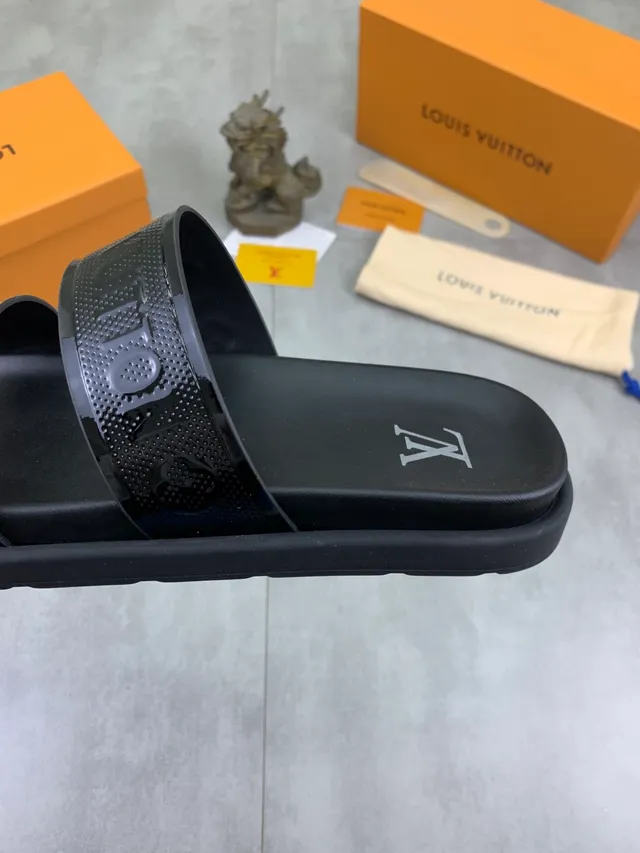 Louis Vuitton Slide Black Glossy Perforated Strap Slippers 3