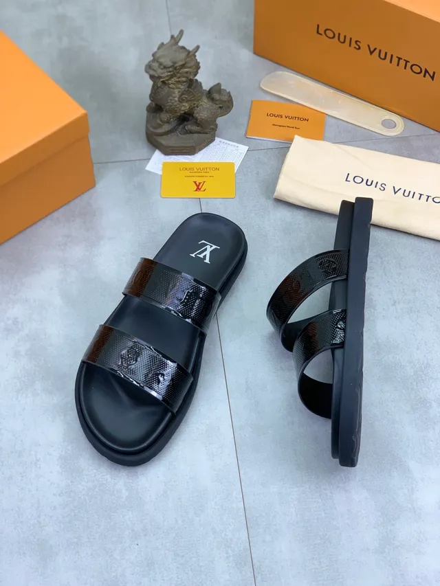 Louis Vuitton Slide Black Glossy Perforated Strap Slippers 4