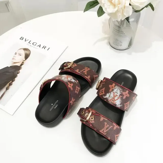 Louis Vuitton Sandália de dupla tira Monogram Marrom vermelho piping sandálias casuais 2