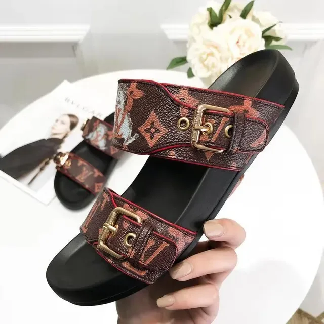 Louis Vuitton Sandália de dupla tira Monogram Marrom vermelho piping sandálias casuais 3