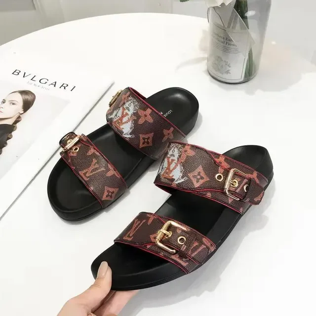 Louis Vuitton Sandália de dupla tira Monogram Marrom vermelho piping sandálias casuais 4