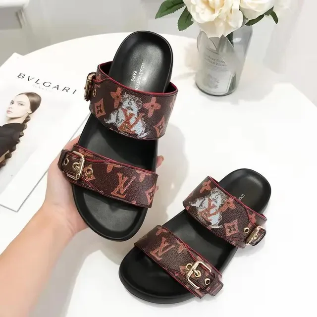 Louis Vuitton Sandália de dupla tira Monogram Marrom vermelho piping sandálias casuais 5