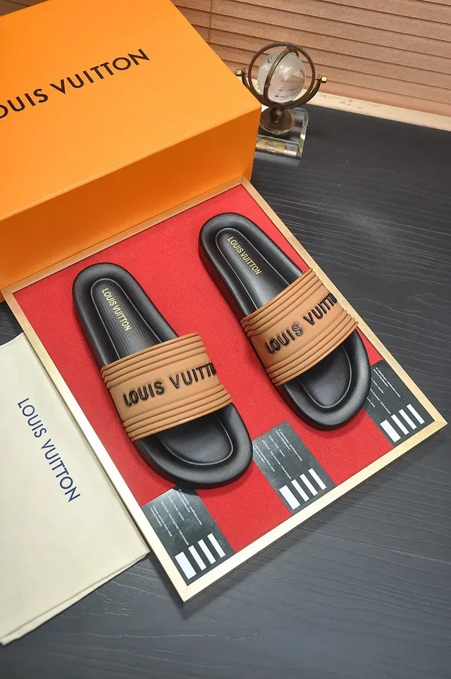 Louis Vuitton Slide Slipper Black and Tan Ribbed Strap Slippers 5