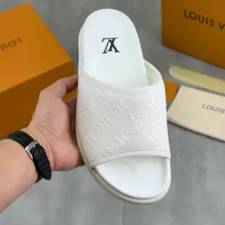 Louis Vuitton Slide White Perforated Monogram Strap Flat Sole Slippers