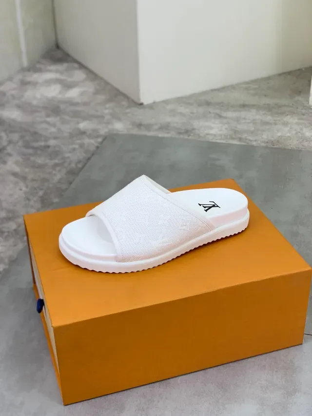 Louis Vuitton Slide White Perforated Monogram Strap Flat Sole Slippers 4