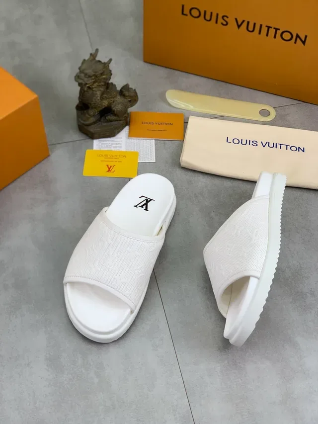 Louis Vuitton Slide White Perforated Monogram Strap Flat Sole Slippers 5