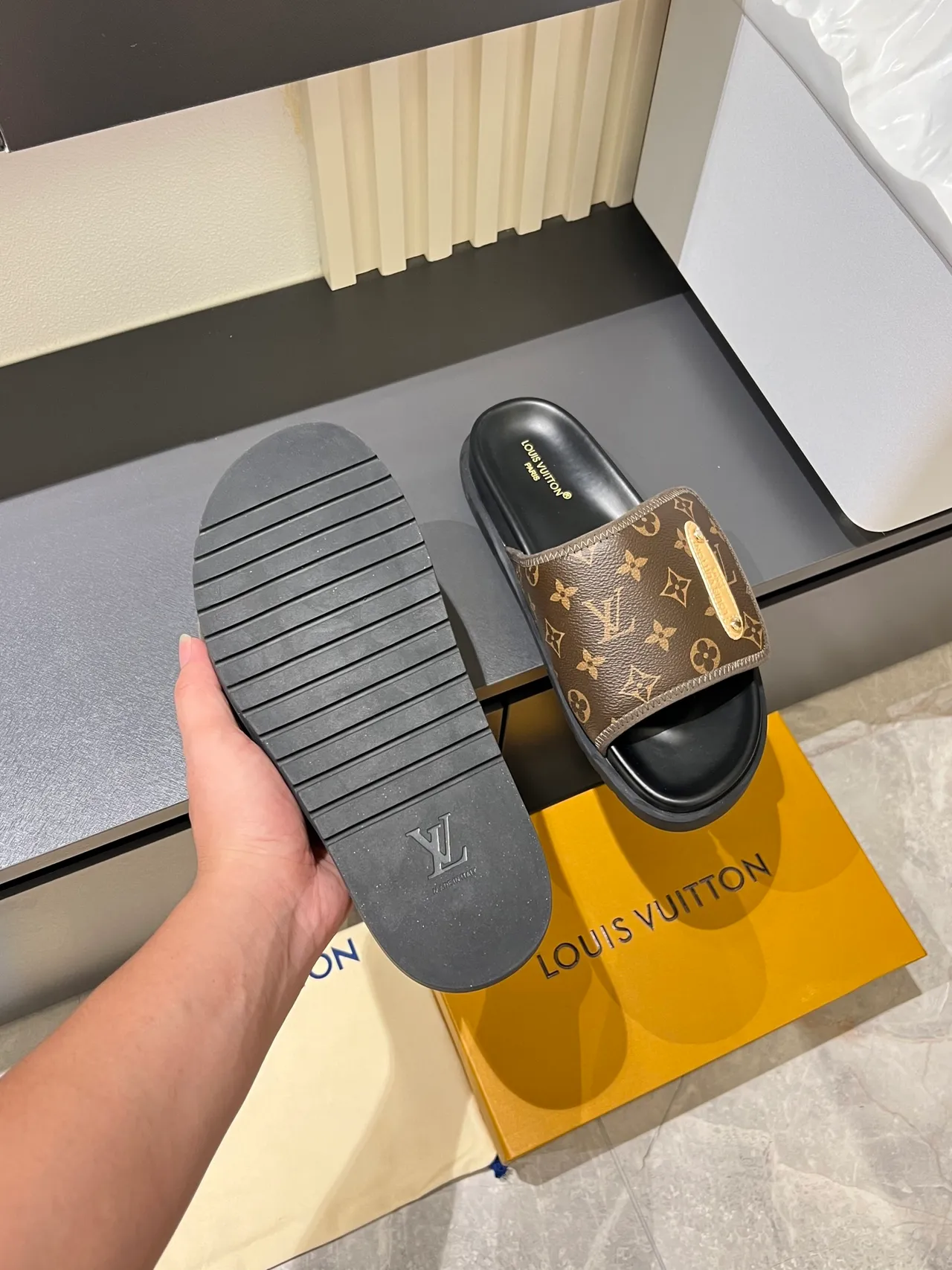 Louis Vuitton Slides Brown Black Monogrammed Strap Gold-Tone Plaque Slippers 2