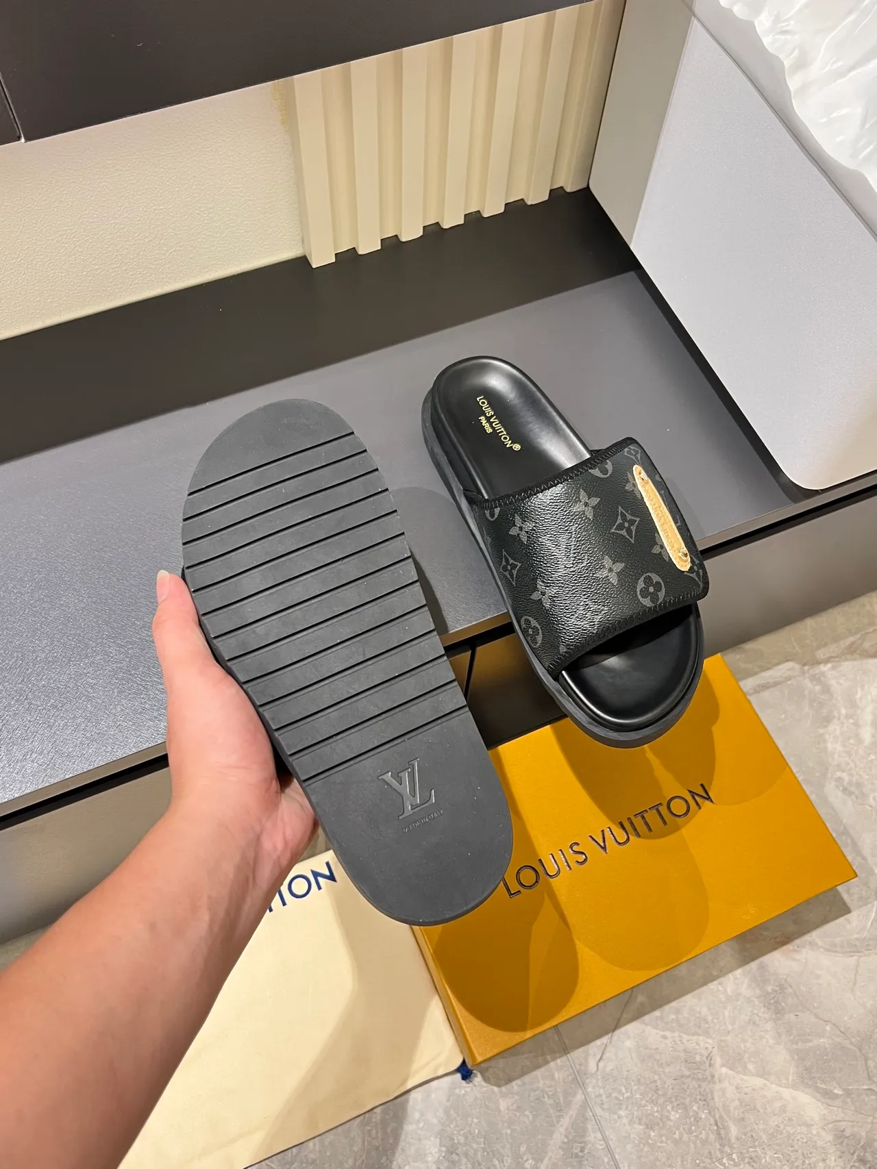 Louis Vuitton Slides Brown Black Monogrammed Strap Gold-Tone Plaque Slippers 3