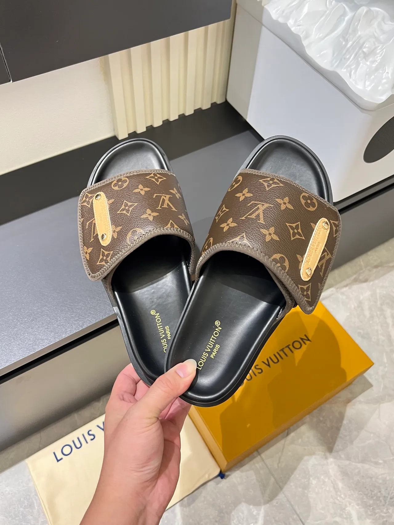 Louis Vuitton Slides Brown Black Monogrammed Strap Gold-Tone Plaque Slippers 5