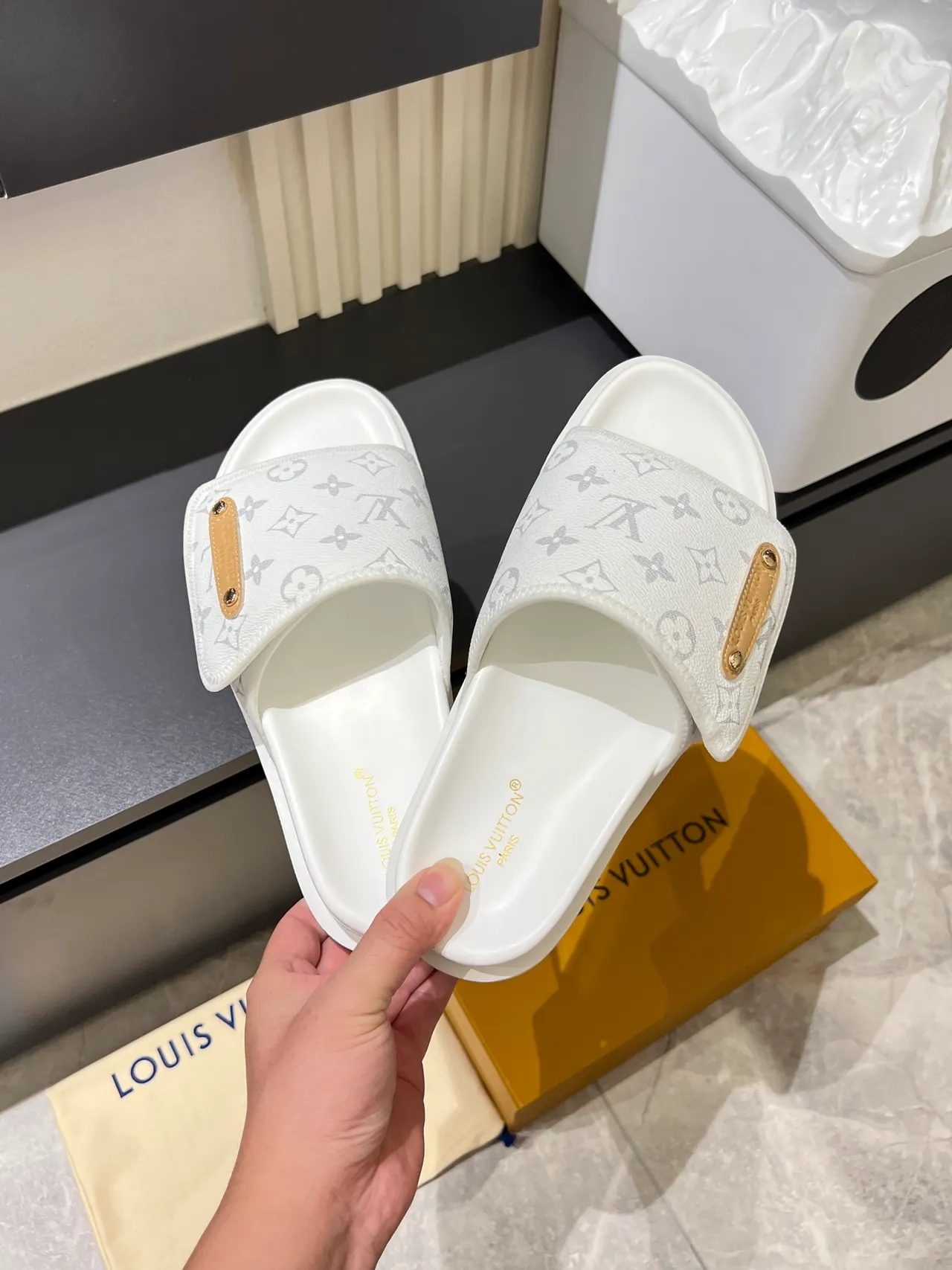 Louis Vuitton Slides Brown Black Monogrammed Strap Gold-Tone Plaque Slippers 7