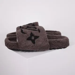 Louis Vuitton Slides Brown Shearling Monogram Strap Slippers