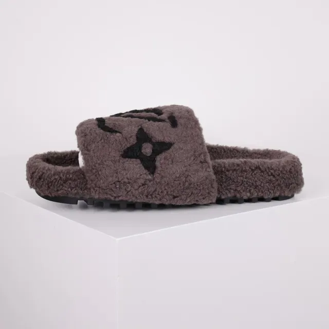 Louis Vuitton Slides Brown Shearling Monogram Strap Slippers 9